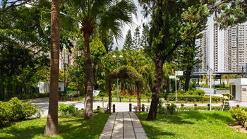 The arched trellis decorated with climbing plants defines thresholds of an area and separates the area from the road.